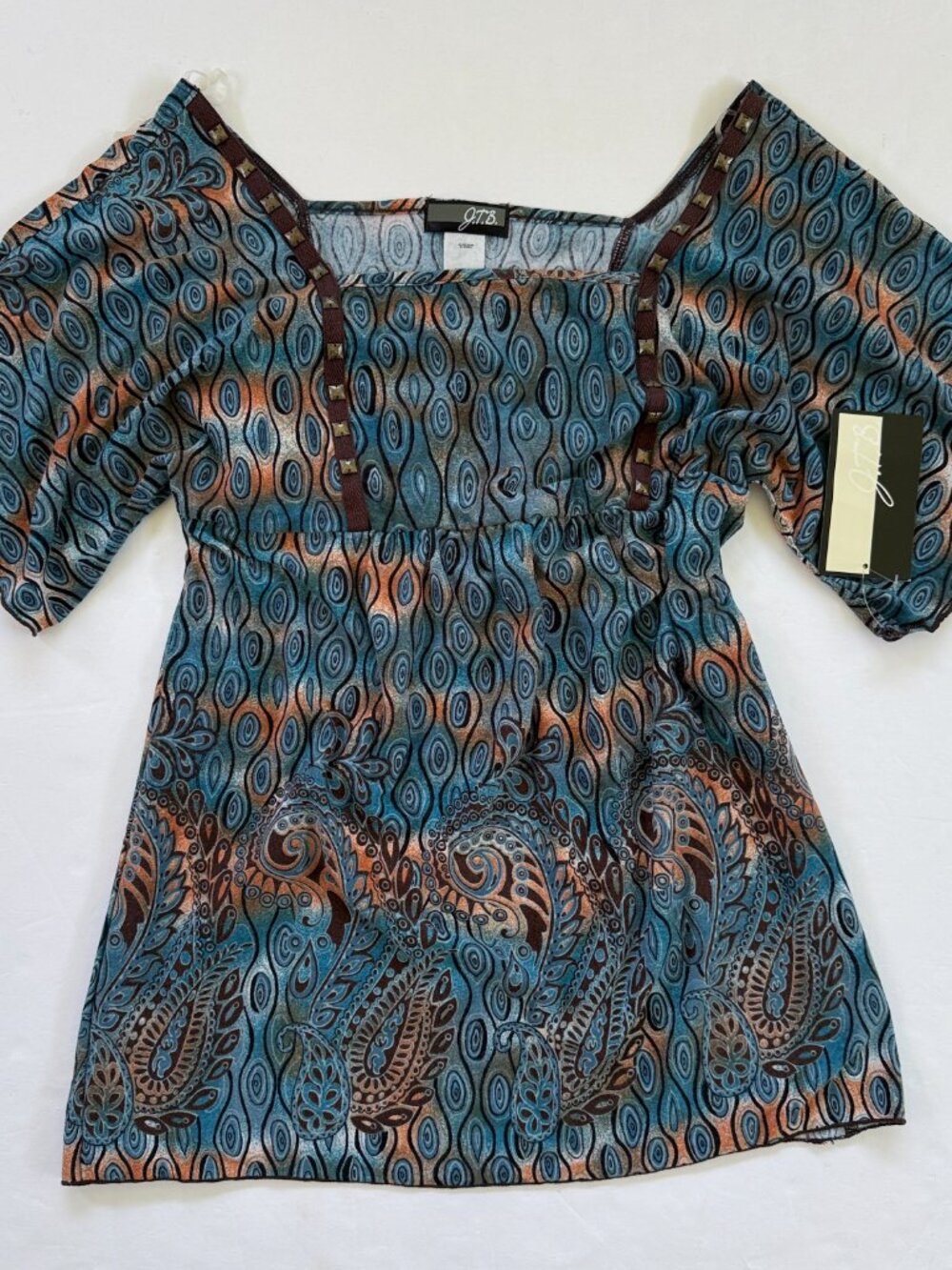 Vintage JTB Y2K Top Medium Babydoll Empire Waist Abstract Paisley Studs Boho NWT - Picture 2 of 12